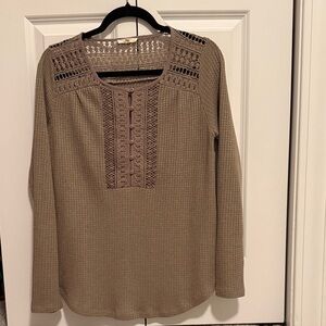 Mystree Taupe Crochet Accent Blouse